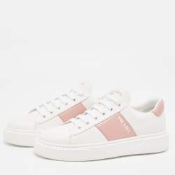 مملوكة مسبقًا Prada White/Pink Leather Low Top Sneakers Size 39.5