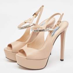 Prada Beige Leather Crystal Embellished Ankle Strap Sandals Size 36.5