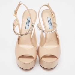 Prada Beige Leather Crystal Embellished Ankle Strap Sandals Size 36.5