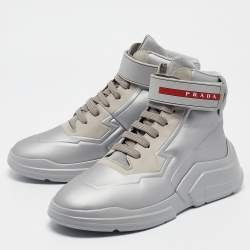 Prada Sport Silver Leather High Top Sneakers Size 36.5