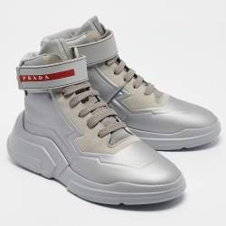 Prada Sport Silver Leather High Top Sneakers Size 36.5