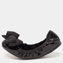 Pre Owned Prada Sport Black Patent Leather Bow Detail Scrunch Ballet Flat Size 39
