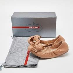 Pre Owned Prada Sport Beige Leather Bow Detail Scrunch Ballet Flats Size 39