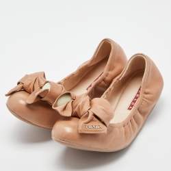 Pre Owned Prada Sport Beige Leather Bow Detail Scrunch Ballet Flats Size 39