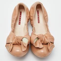 Pre Owned Prada Sport Beige Leather Bow Detail Scrunch Ballet Flats Size 39