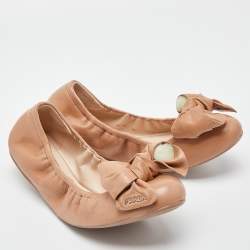 Pre Owned Prada Sport Beige Leather Bow Detail Scrunch Ballet Flats Size 39