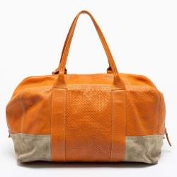 Prada Sport Orange Perforated Leather and Suede Large Duffle Bag