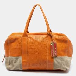 Prada Sport Orange Perforated Leather and Suede Large Duffle Bag