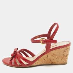 Prada Sport Red Patent Leather Bow Cork Wedge Ankle Strap Sandals Size 36