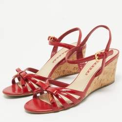 Prada Sport Red Patent Leather Bow Cork Wedge Ankle Strap Sandals Size 36