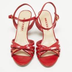 Prada Sport Red Patent Leather Bow Cork Wedge Ankle Strap Sandals Size 36