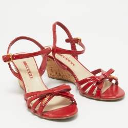 Prada Sport Red Patent Leather Bow Cork Wedge Ankle Strap Sandals Size 36