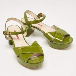 Prada Sport Green Patent Leather Platform Ankle Strap Sandals Size 36