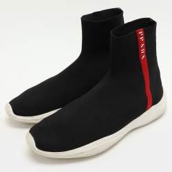 Pre Owned Prada Sport Black Knit Fabric High Top Sneakers Size 39