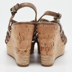 Pre Owned Prada Sport Green Woven Leather Accents Wedge Espadrilles Sandals Size 38