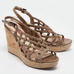 Pre Owned Prada Sport Green Woven Leather Accents Wedge Espadrilles Sandals Size 38