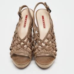 Pre Owned Prada Sport Green Woven Leather Accents Wedge Espadrilles Sandals Size 38