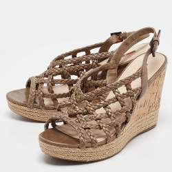 Pre Owned Prada Sport Green Woven Leather Accents Wedge Espadrilles Sandals Size 38