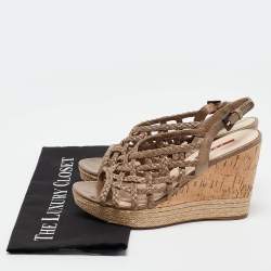 Pre Owned Prada Sport Green Woven Leather Accents Wedge Espadrilles Sandals Size 38