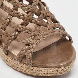 Pre Owned Prada Sport Green Woven Leather Accents Wedge Espadrilles Sandals Size 38