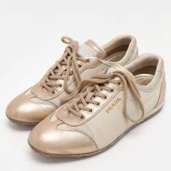 Prada Sport Beige/Gold Leather and Nylon Low Top Sneakers Size 36.5