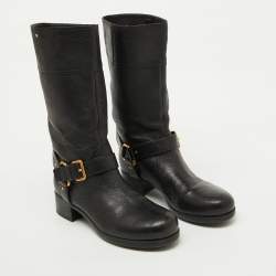 Pre Owned Prada Sport Black Leather Buckle Detail Mid Calf Length Boots Size 39