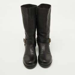 Pre Owned Prada Sport Black Leather Buckle Detail Mid Calf Length Boots Size 39