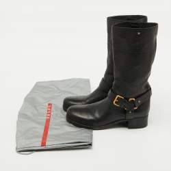 Pre Owned Prada Sport Black Leather Buckle Detail Mid Calf Length Boots Size 39