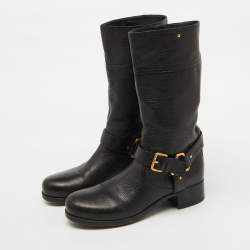 Pre Owned Prada Sport Black Leather Buckle Detail Mid Calf Length Boots Size 39