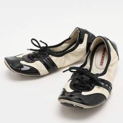 Pre Owned Prada Sport Black/Cream Patent and Leather Lace-up Scrunch Ballet Flats Size 39.5