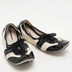 Pre Owned Prada Sport Black/Cream Patent and Leather Lace-up Scrunch Ballet Flats Size 39.5