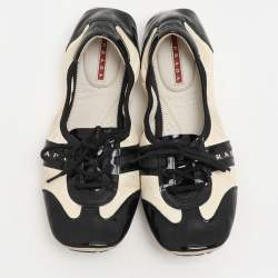 Pre Owned Prada Sport Black/Cream Patent and Leather Lace-up Scrunch Ballet Flats Size 39.5