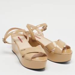 Pre Owned Prada Sport Beige Patent Leather Wedge Sandals Size 41