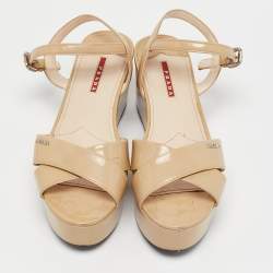 Pre Owned Prada Sport Beige Patent Leather Wedge Sandals Size 41