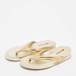Pre Owned Prada Sport Gold Leather Flat Thong Sandals Size 37