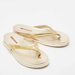 Pre Owned Prada Sport Gold Leather Flat Thong Sandals Size 37