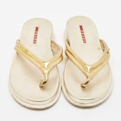 Pre Owned Prada Sport Gold Leather Flat Thong Sandals Size 37