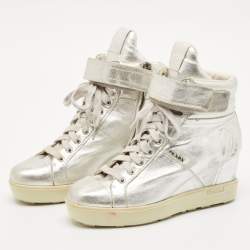 Prada Sport Silver Leather Wedge Sneakers Size 36