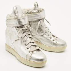 Prada Sport Silver Leather Wedge Sneakers Size 36