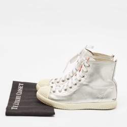 Pre Owned Prada Sport Silver Leather Lace Up High Top Sneakers Size 37