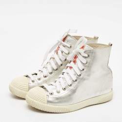 Pre Owned Prada Sport Silver Leather Lace Up High Top Sneakers Size 37