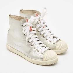 Pre Owned Prada Sport Silver Leather Lace Up High Top Sneakers Size 37