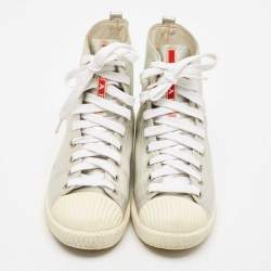 Pre Owned Prada Sport Silver Leather Lace Up High Top Sneakers Size 37