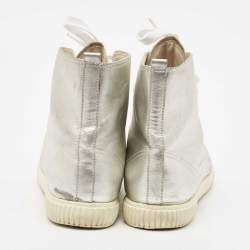 Pre Owned Prada Sport Silver Leather Lace Up High Top Sneakers Size 37