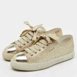 Prada Sport Gold Glitter and Leather Cap Toe Low Top Sneakers Size 37