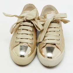 Prada Sport Gold Glitter and Leather Cap Toe Low Top Sneakers Size 37