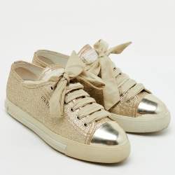 Prada Sport Gold Glitter and Leather Cap Toe Low Top Sneakers Size 37
