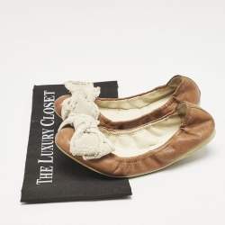 Prada Sport Brown/White Leather And Canvas Scrunch Bow Ballet Flats Size 37.5