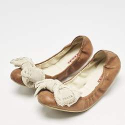 Prada Sport Brown/White Leather And Canvas Scrunch Bow Ballet Flats Size 37.5