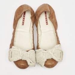 Prada Sport Brown/White Leather And Canvas Scrunch Bow Ballet Flats Size 37.5
